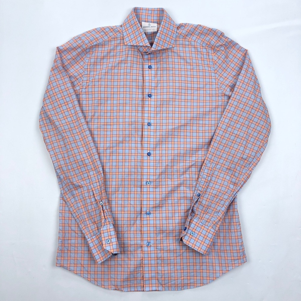 Emanuel Berg Mens Modern Fit Plaid Button Down Shirt Orange Blue 15.5 39 M